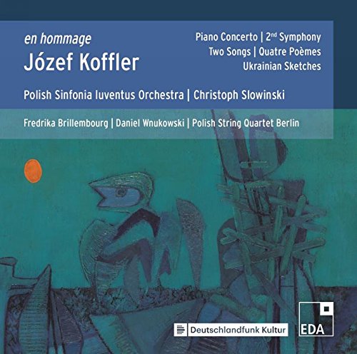 CD cover with abstract art and blue banner listing musical compositions and performers.
