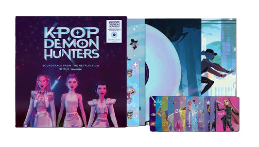 KPop Demon Hunters vinyl soundtrack set including album art, light blue disc, and cards.