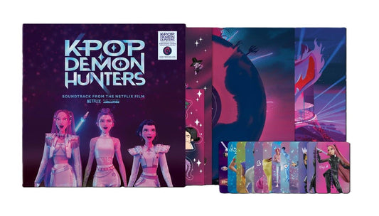 K-Pop Demon Hunters vinyl soundtrack with album cover, inner sleeves, and collectible character cards.
