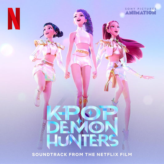 “KPOP Demon Hunters” soundtrack CD cover featuring three animated female characters.