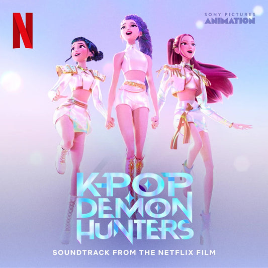 “KPOP Demon Hunters” vinyl soundtrack album cover with animated characters.