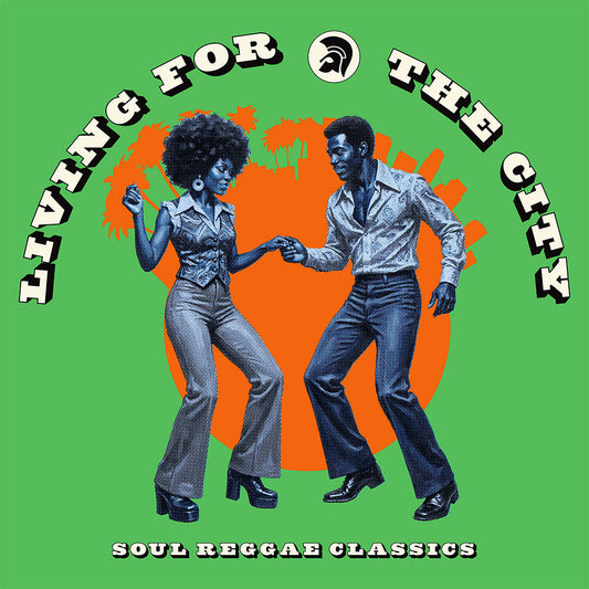 CD cover: couple dancing, orange circle, green background, text "Living For The City".
