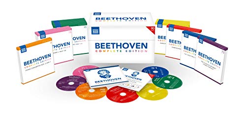 A box set of Beethoven Complete Edition CDs with multiple colorful cases and discs.