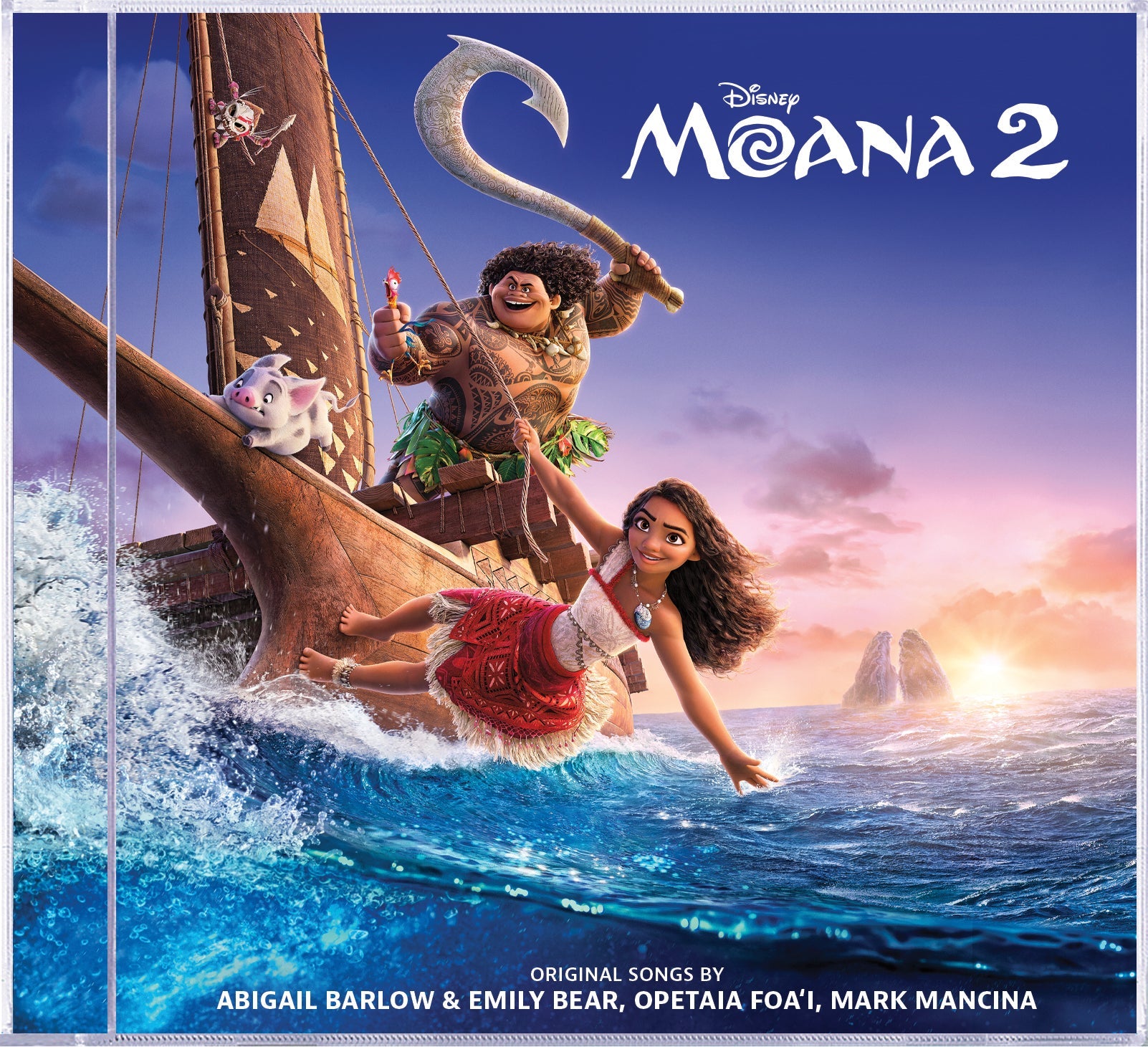 Moana 2 soundtrack CD cover featuring Moana, Maui, and Pua on a boat.