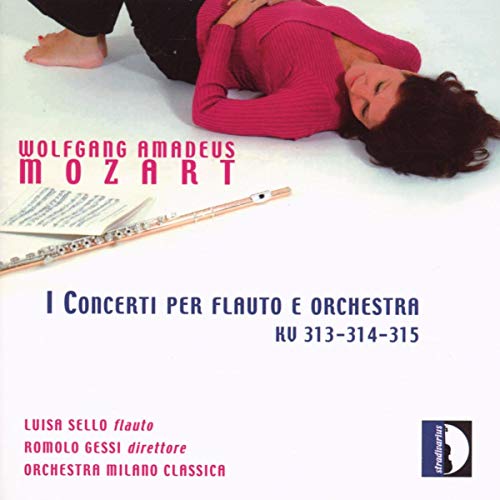 CD cover: woman with flute and sheet music, Mozart’s flute concertos.