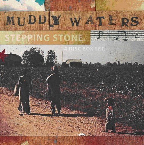 "Muddy Waters Stepping Stone CD box set cover with vintage rural scene and wooden texture."