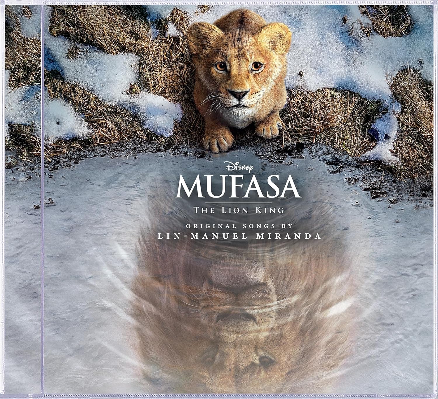 CD cover for "Mufasa: The Lion King" featuring a lion cub and reflection.