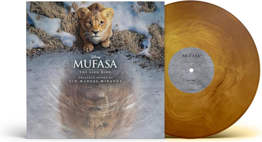 Mufasa: The Lion King vinyl album cover and a marbled amber-colored vinyl record.