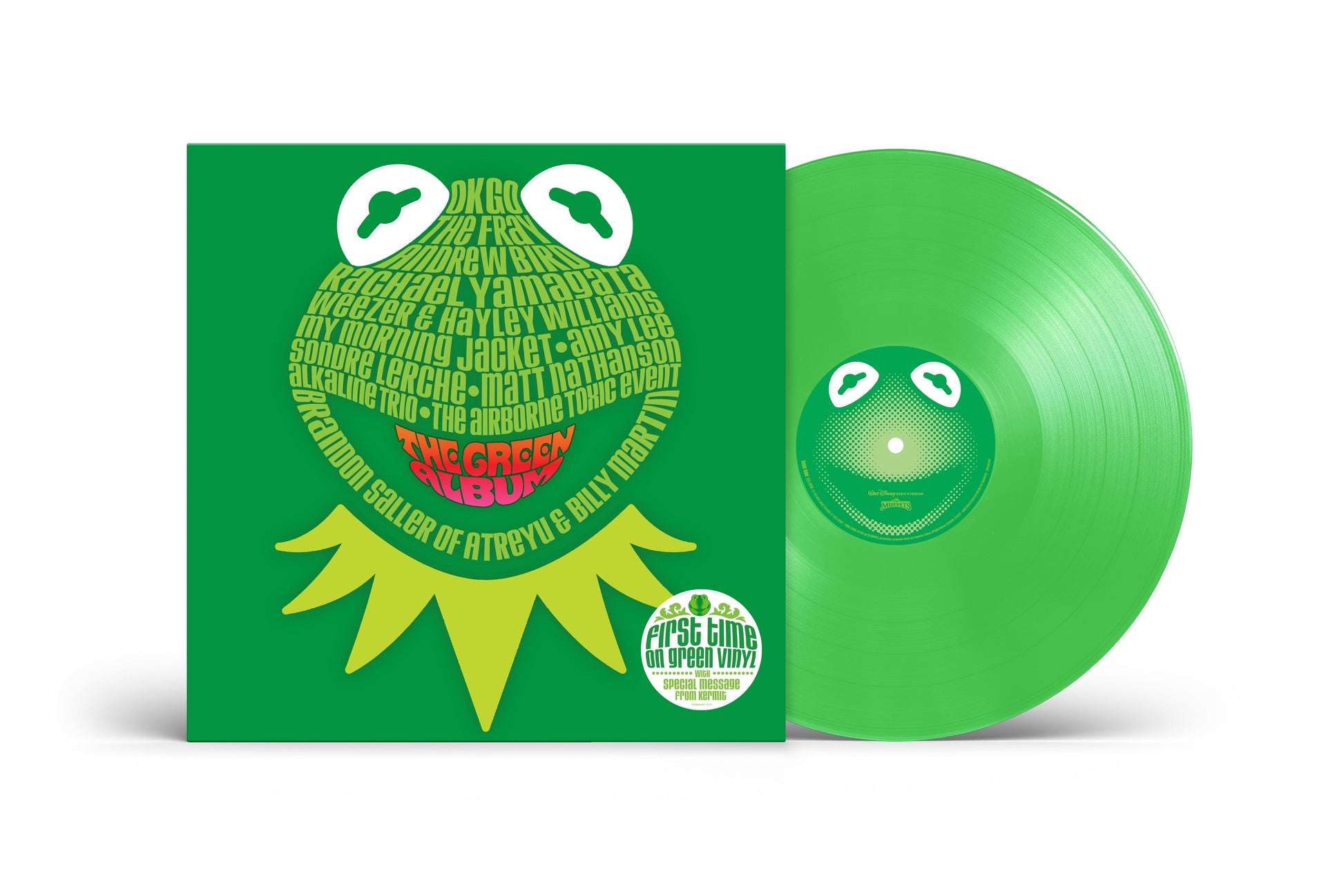 Muppets The Green Album vinyl record cover and bright green vinyl disc.