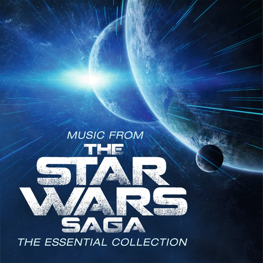 Star Wars saga vinyl record cover with planets and blue tones.