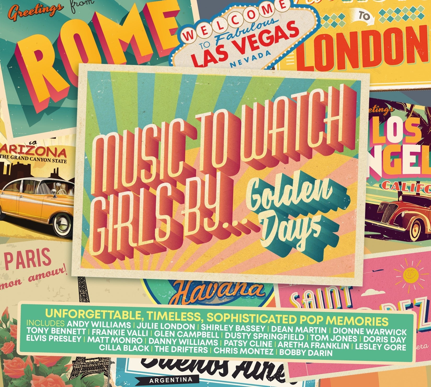 CD cover featuring a vintage travel postcard collage with the title Music to Watch Girls.