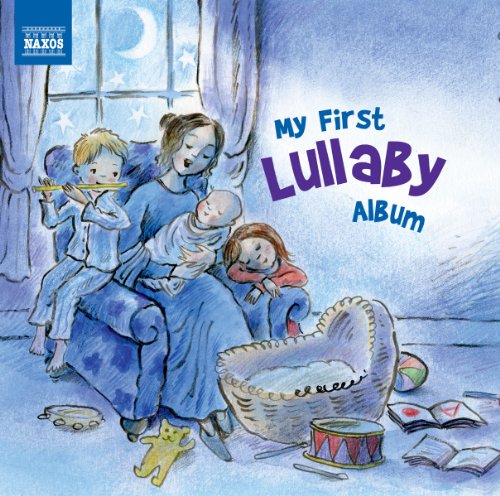 Illustrated cover of "My First Lullaby Album" with family in a cozy room.