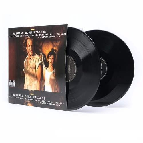 "Album cover with man and woman, 'Natural Born Killers' soundtrack title, parental advisory label."