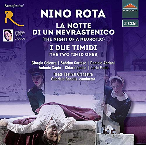 CD cover for Nino Rota's operas featuring a theatrical scene with three performers.