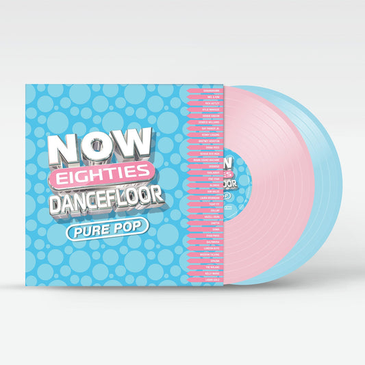 NOW 80s Dancefloor vinyl record with colorful abstract cover art.
