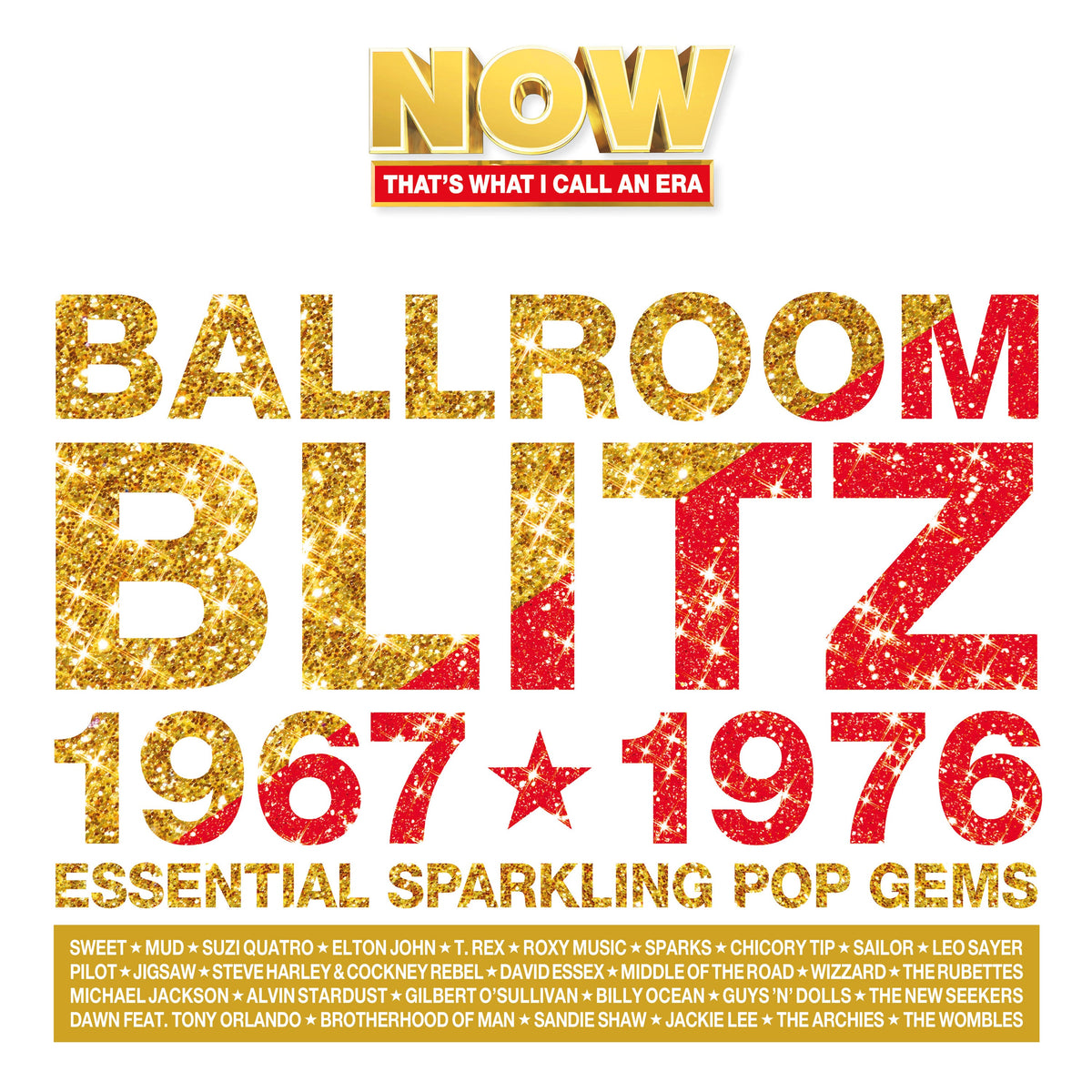 Gold glitter text on black background advertises "Ballroom Blitz: 1967-1976" vinyl compilation.