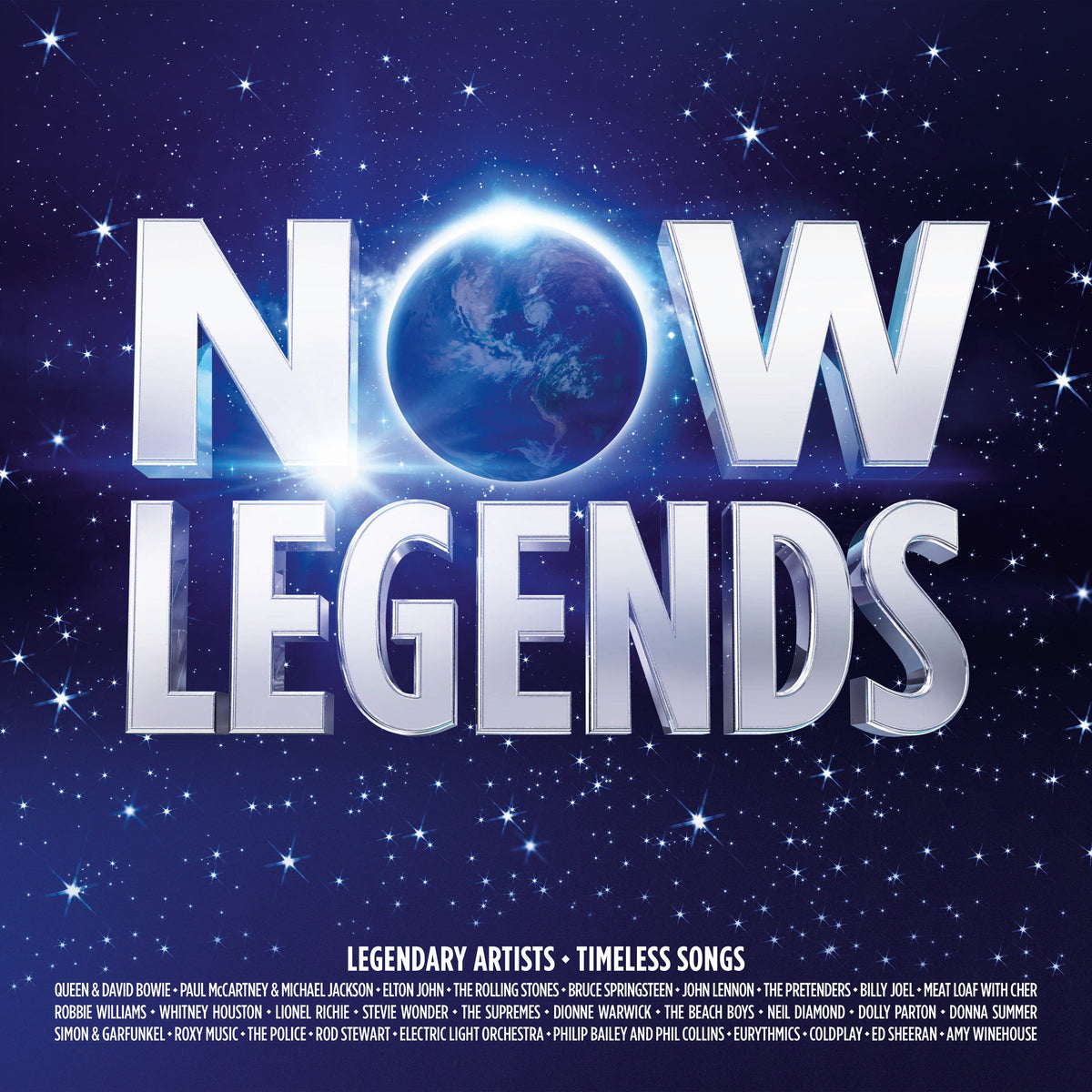 CD cover for “NOW - Legends” featuring silver text on a blue starry background.
