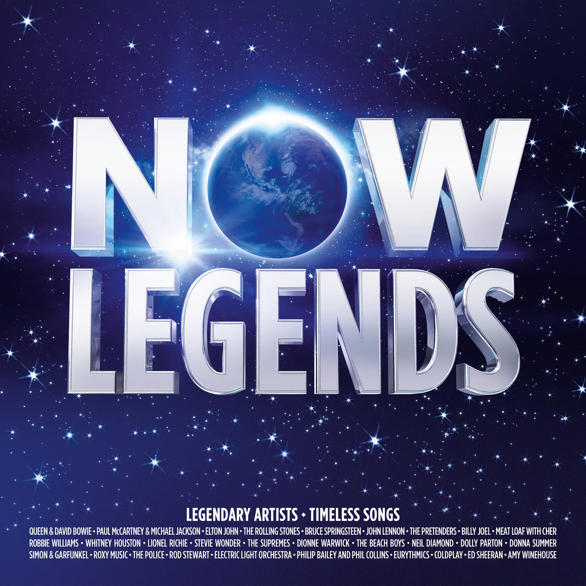 “NOW Legends” triple LP album cover with Earth image and artist names.