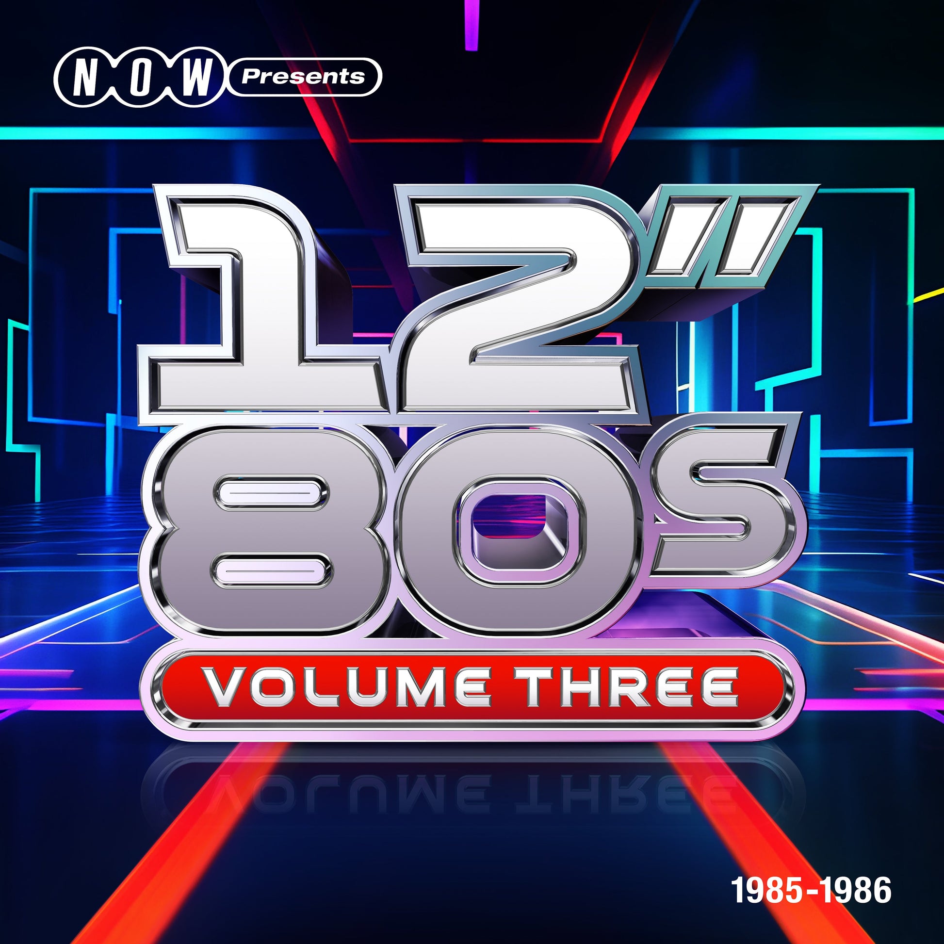 Album cover for “NOW Presents… 12” 80s: Vol 3: 1985-1986” with bold text.