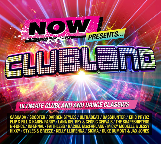 CD cover for “NOW Presents… Clubland” with bright, neon-style text and lights.