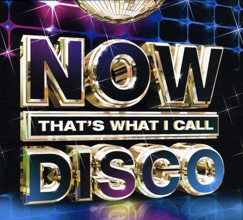 Now That's What I Call Disco" CD cover with gold lettering and disco ball.