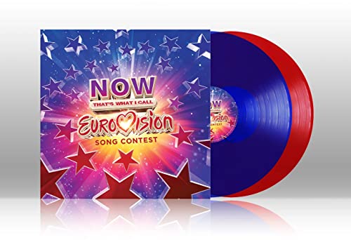 NOW That's What I Call Eurovision Song Contest vinyl album cover with blue and red discs.