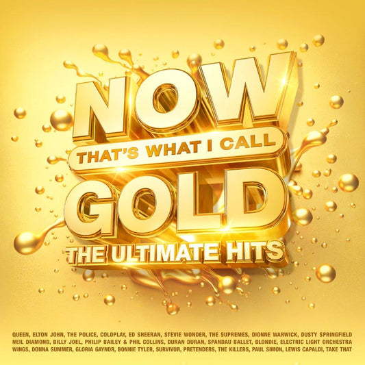 Golden “NOW That’s What I Call Gold” CD cover with artist names listed.