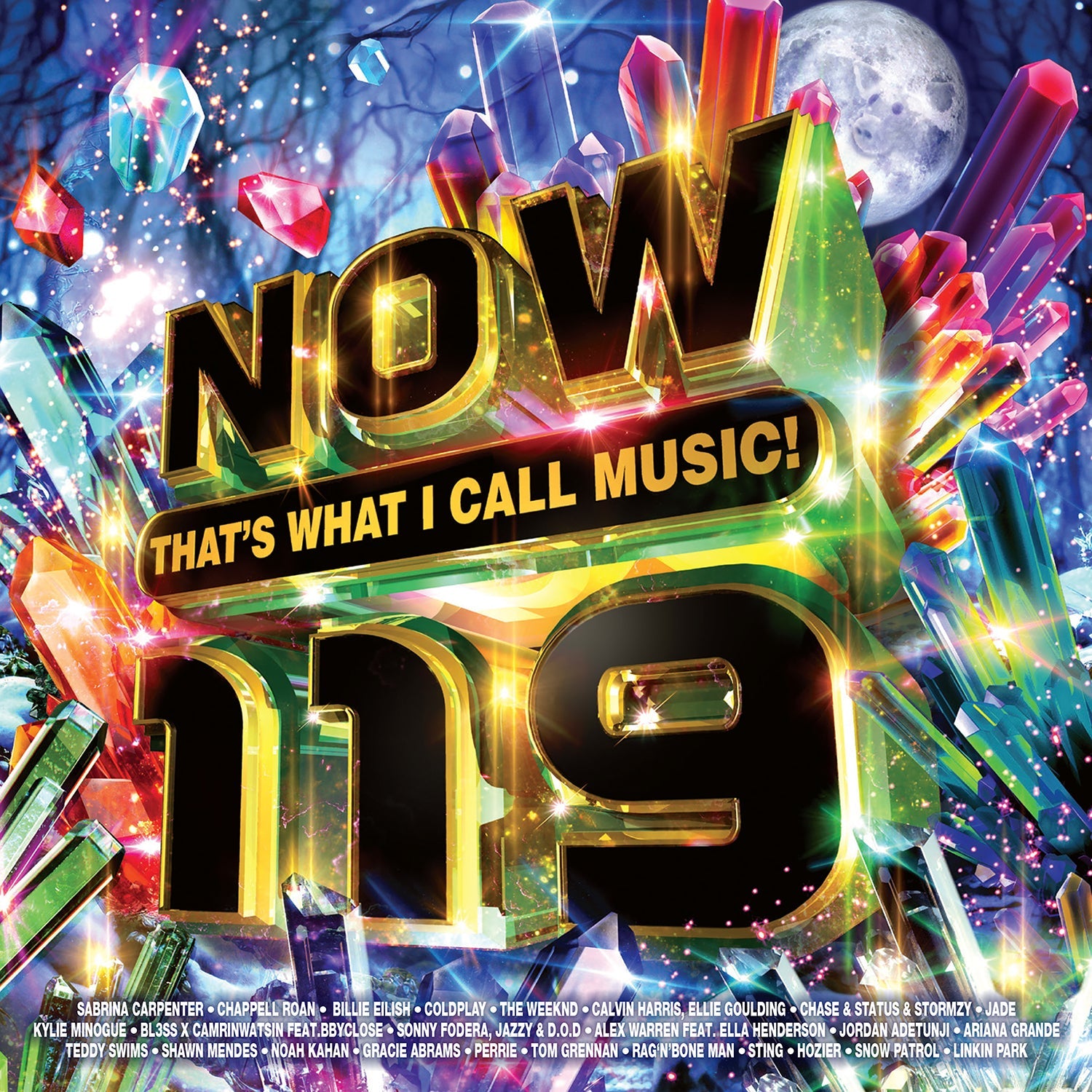 NOW That's What I Call Music 119 album cover featuring glowing crystals and text.