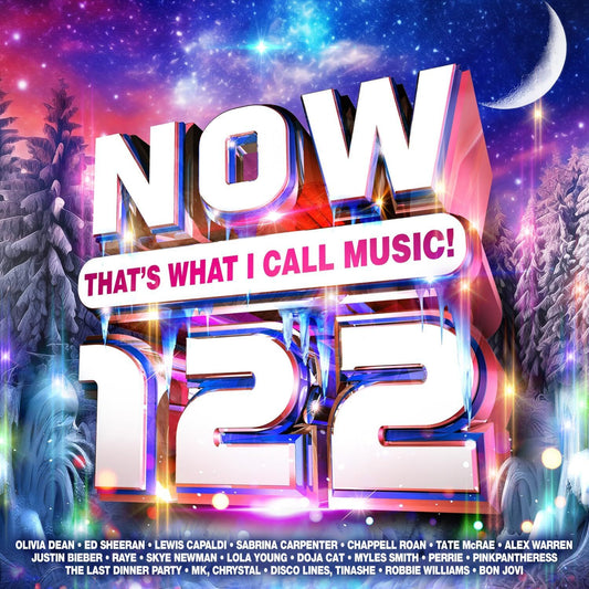 NOW That's What I Call Music! 122 album cover with icy, wintery, colorful background.