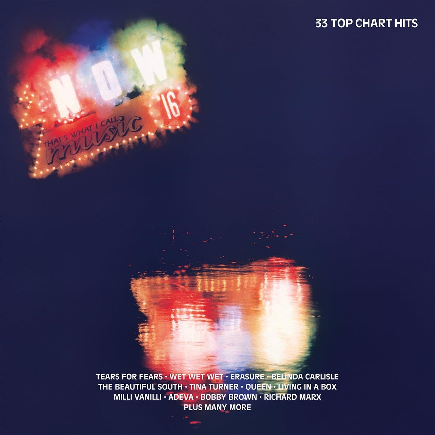 CD cover for “NOW That’s What I Call Music! 16” with neon sign design.