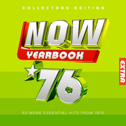 Album cover for NOW Yearbook Extra 1976 with metallic text on a lime green background.