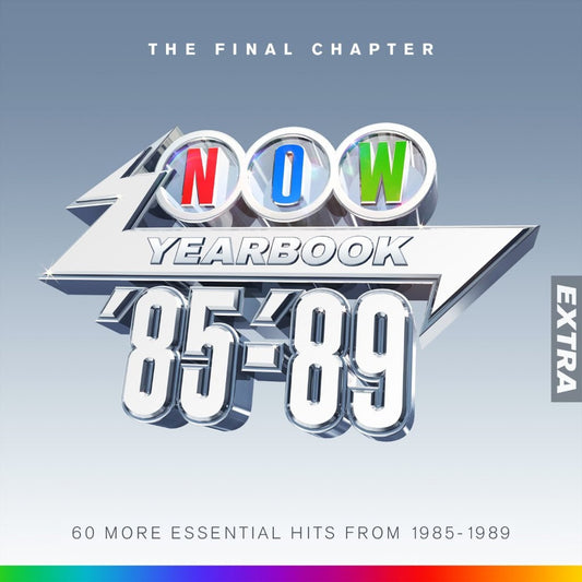 “NOW” yearbook CD cover featuring silver text and years 1985-1989.