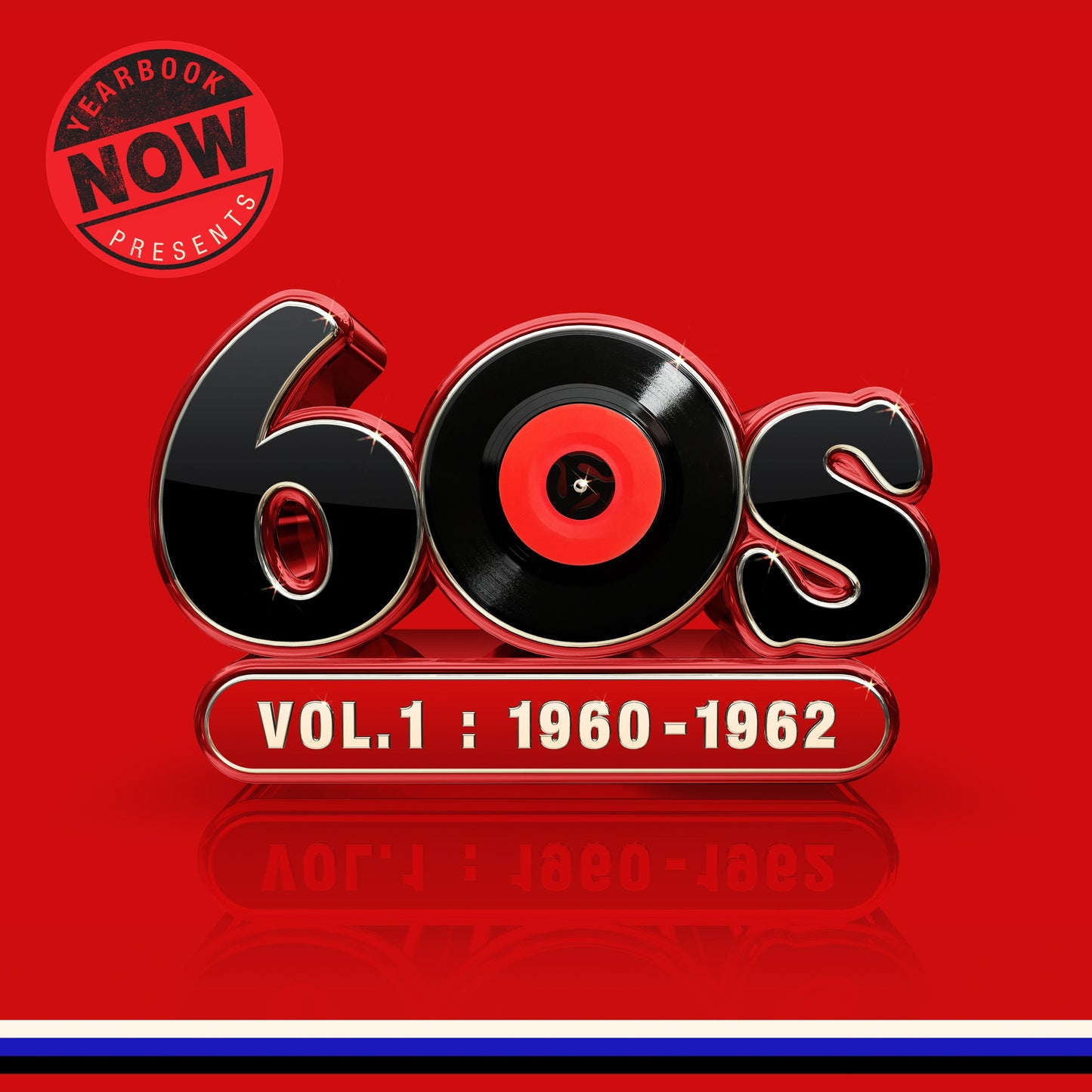 Album cover with large 3D 60s text, a vinyl record, and red background.