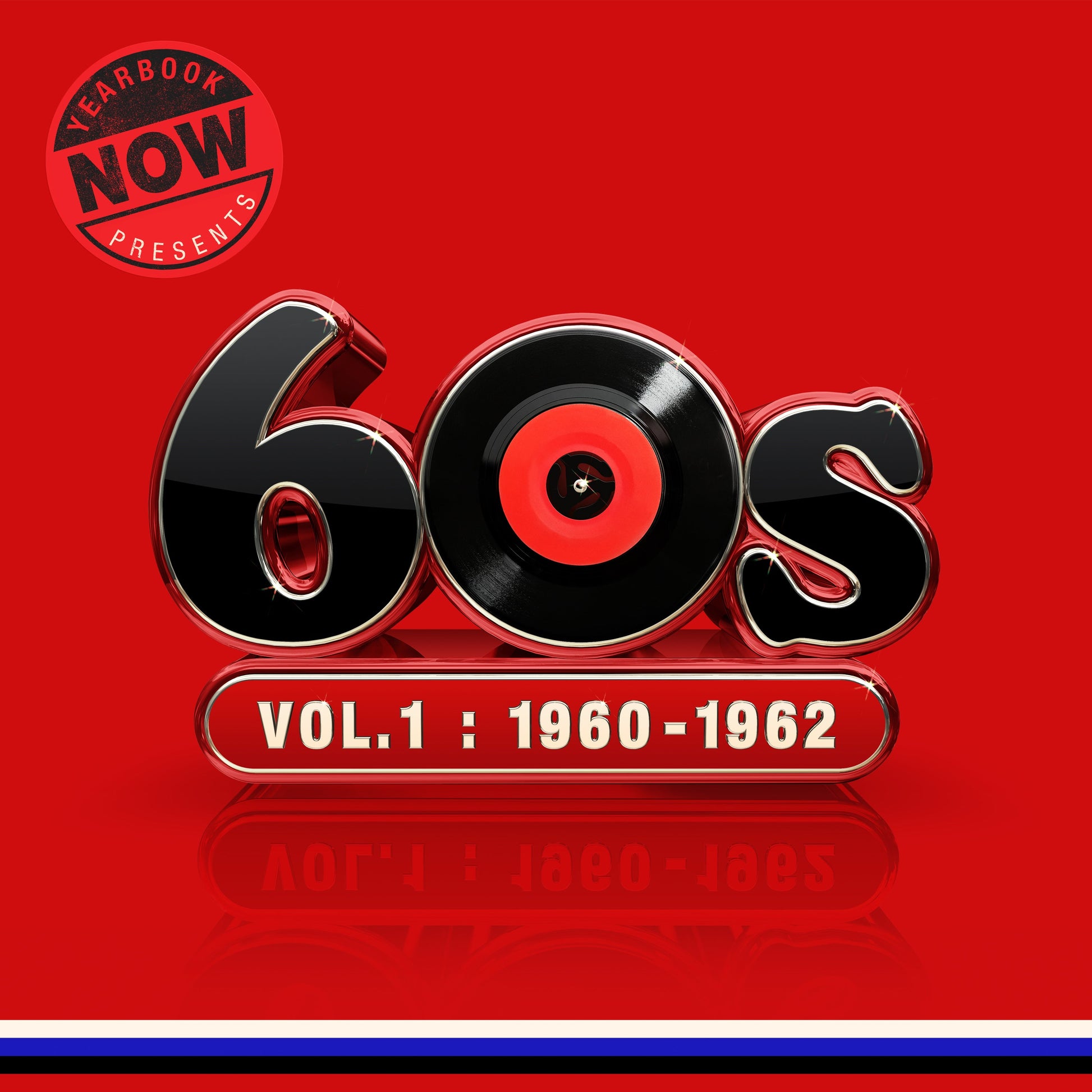 Album cover with large 3D 60s text, a vinyl record, and red background.