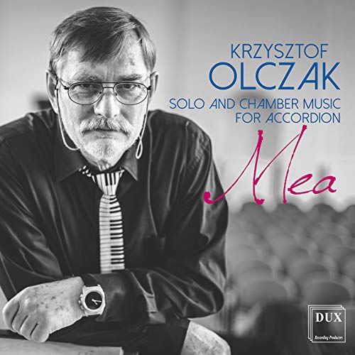 CD cover featuring Krzysztof Olczak, an accordionist, in grayscale.