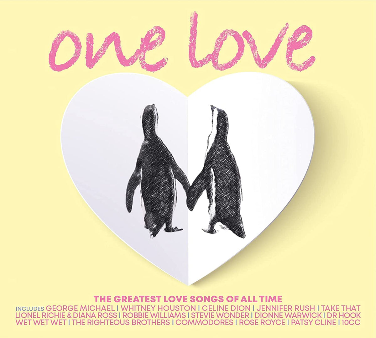 CD cover with pink text, heart shape, and silhouettes of embracing penguins.