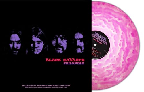 Black Sabbath "Paranoia" vinyl record with magenta cloudy swirl pattern.