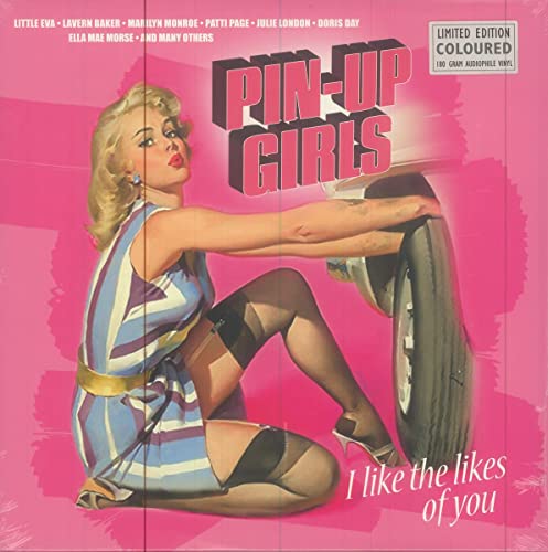 Blonde pin-up woman in a striped dress kneeling next to a car tire.