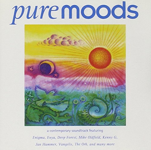 CD cover for “Pure Moods” with sun, moon, and colorful landscape.