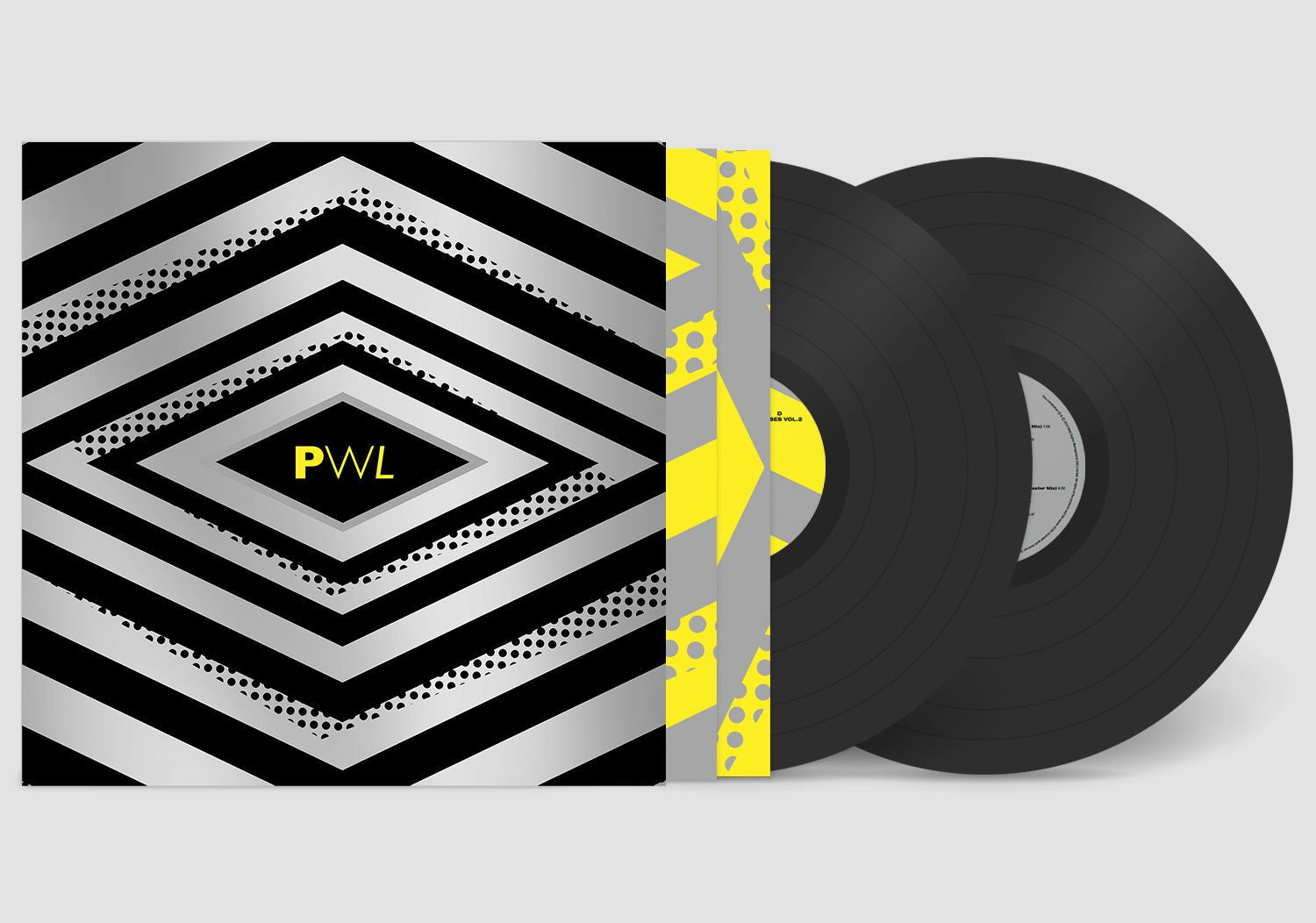 Black vinyl records with a geometric black and yellow album cover.