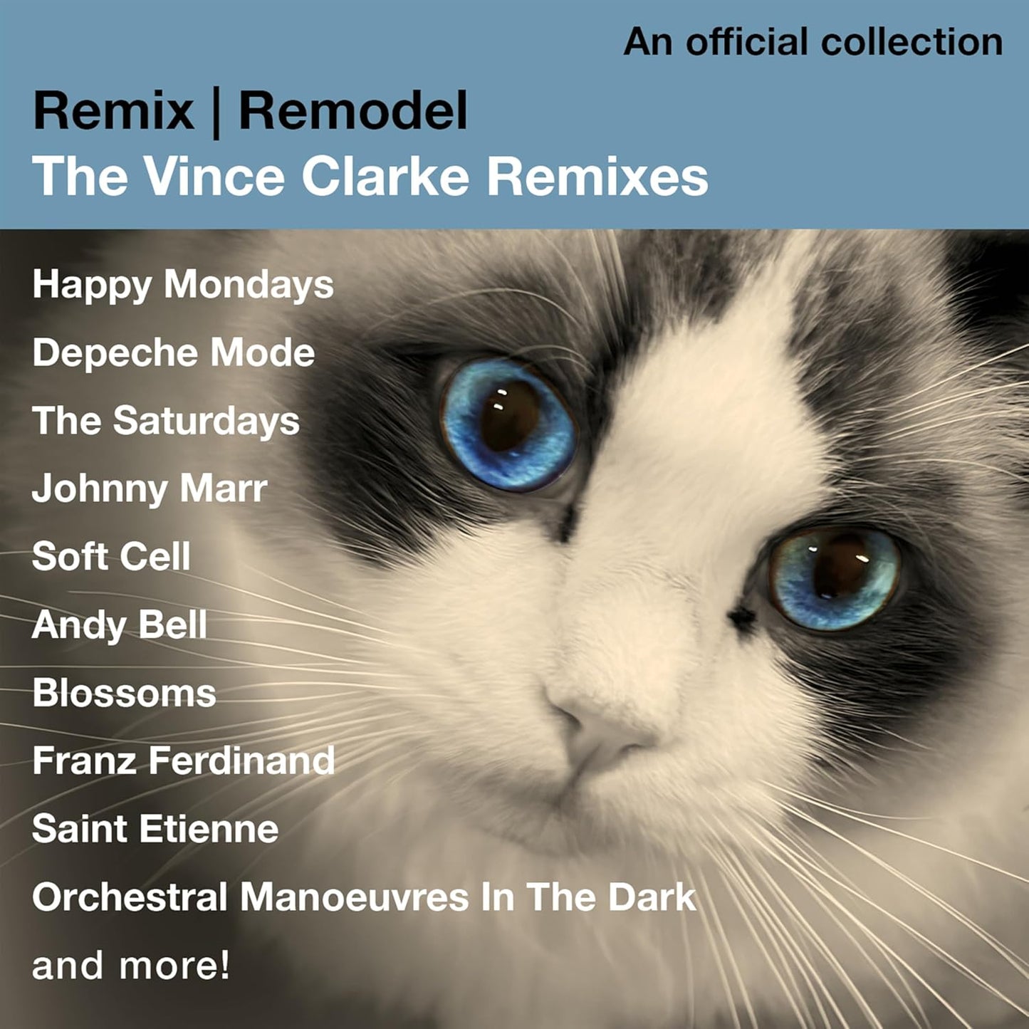 Album cover featuring a cat with bright blue eyes and a list of artists.
