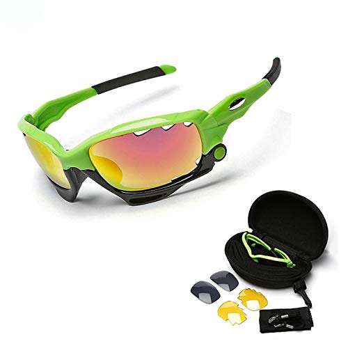 Green and black sports sunglasses with multiple interchangeable lenses and case.