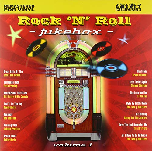 Vintage jukebox with vinyl records on a red and yellow background.