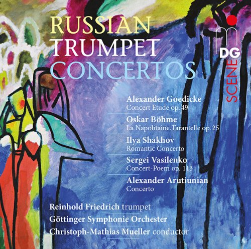 "CD cover with abstract painting and text 'Russian Trumpet Concertos' and artist names."