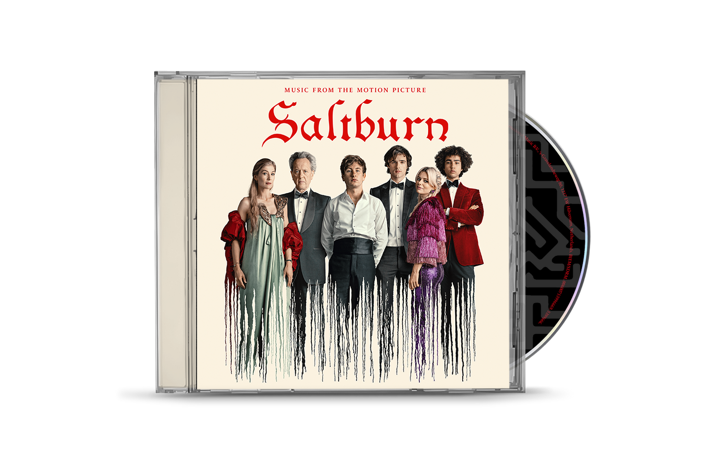 Saltburn" CD case featuring a group portrait of formally dressed people.