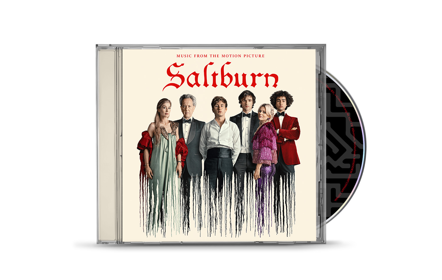 Saltburn" CD case featuring a group portrait of formally dressed people.