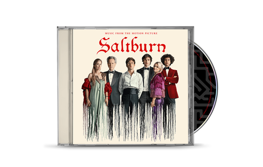 Saltburn" CD case featuring a group portrait of formally dressed people.