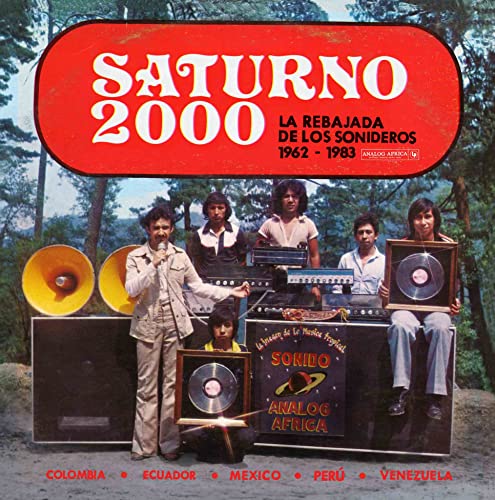 Album cover for “Saturno 2000” featuring a group with sound system equipment.