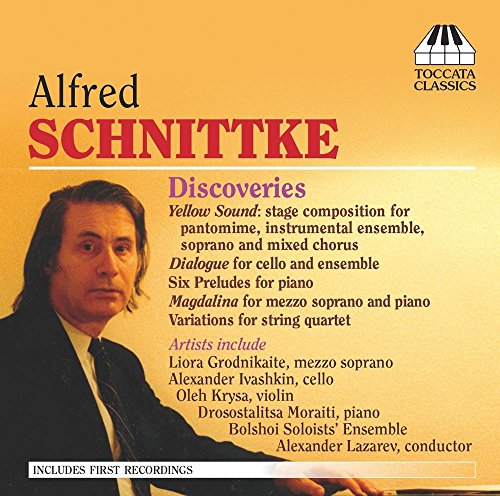 CD cover for Alfred Schnittke's "Discoveries" with portrait and text.