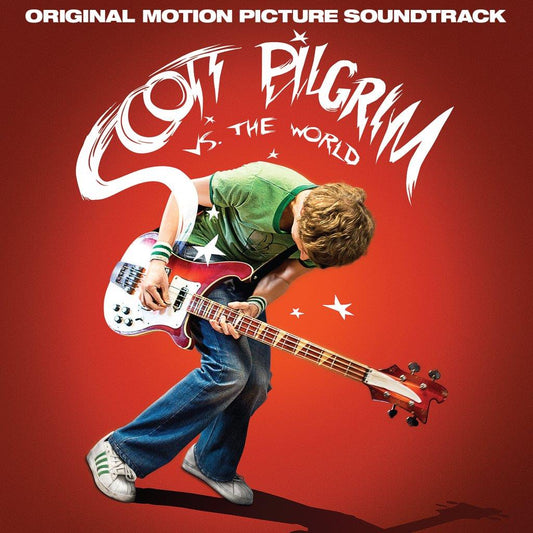 A person playing a bass guitar against a red background with white stylized text.